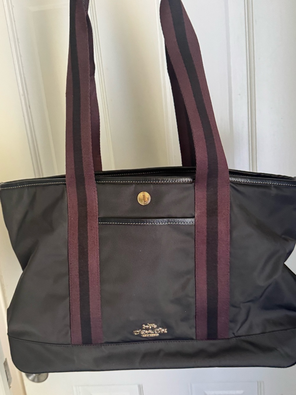 Coach Black Nylon Tote with Burgundy Striped Shoulder Straps
